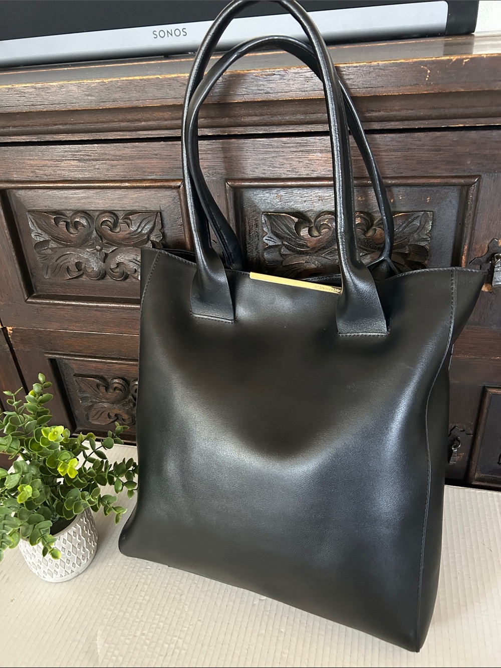 BCBGMaxAzria Black Leather Double-Handle Tote with Gold Accent - Picture 3 of 11